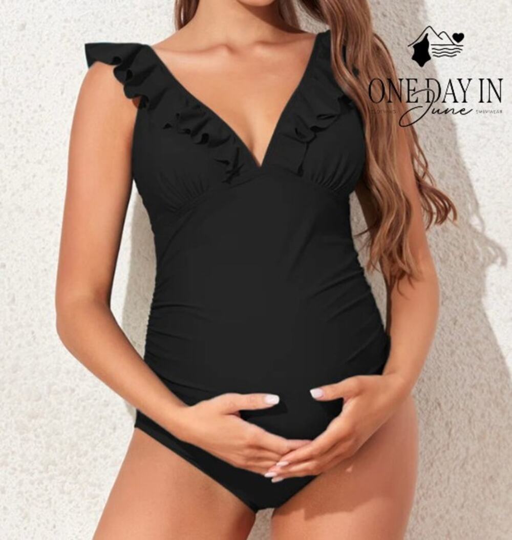 Summermae Maternity Ruffle Ribbed One Piece Swimsuit Black NWT Size L